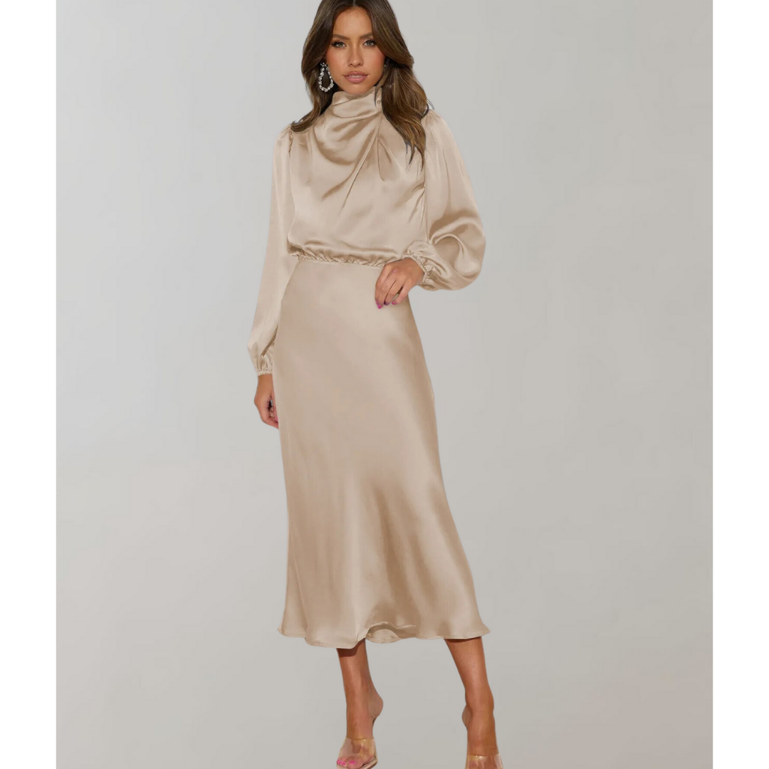Satin Drape-Neck Midi Dress | Long Sleeve | Elegant Formal Silhouette