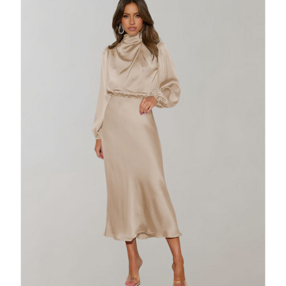 Satin Drape-Neck Midi Dress | Long Sleeve | Elegant Formal Silhouette
