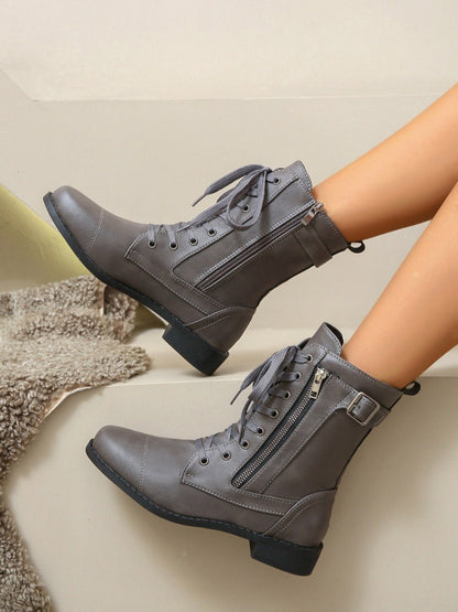 Lace-Up Combat Boots | PU Leather | Low Heel | Everyday Comfort