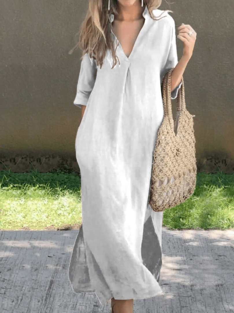 V-Neck Linen Midi Dress | Relaxed Fit | Side Slit Detail