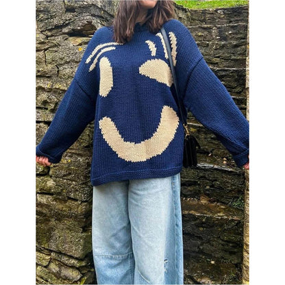 Oversized Knit Sweater | Abstract Face Embroidery | Art-Inspired Statement Pullover