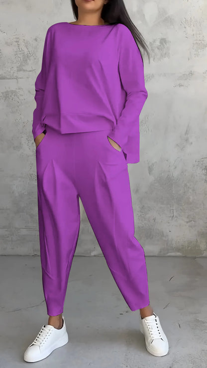 Relaxed Two-Piece Set | Long Sleeve Top | Tapered Pull-On Pants