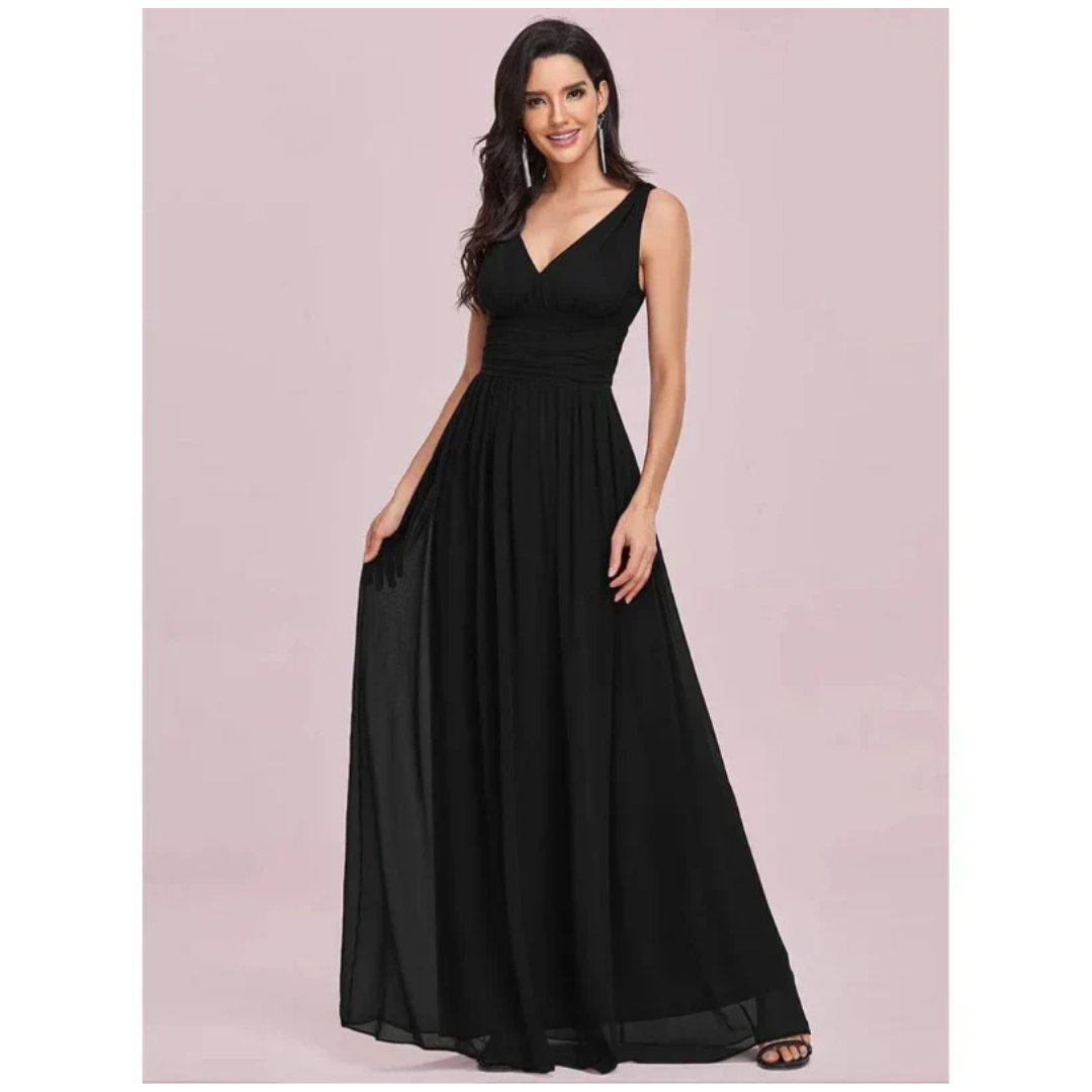 Sleeveless Pleated Chiffon Gown | V-Neck Formal Maxi Dress | Ruched Waist Detail
