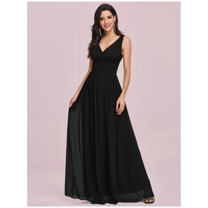 Sleeveless Pleated Chiffon Gown | V-Neck Formal Maxi Dress | Ruched Waist Detail