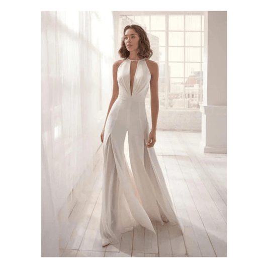Halter Neck Wide-Leg Jumpsuit | Deep V-Cut Front | Elegant Flowing Panels
