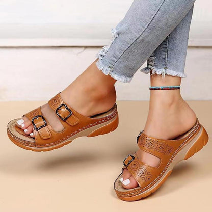 Orthotic Buckle Slide Sandals | Cutout Leather-Look Comfort Slip-Ons | Casual Summer Footwear Canada