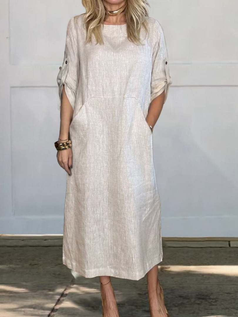 Relaxed Linen Midi Dress | Roll-Up Sleeves with Pockets | Minimalist Everyday Style