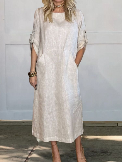 Relaxed Linen Midi Dress | Roll-Up Sleeves with Pockets | Minimalist Everyday Style