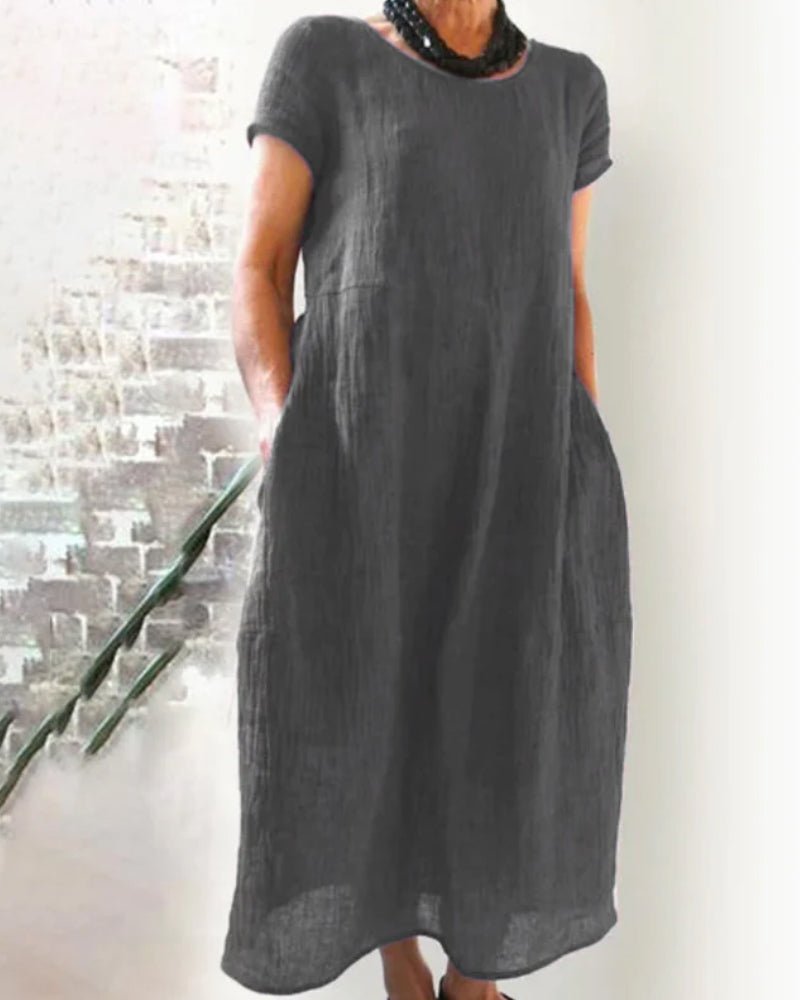 Short Sleeve Linen Midi Dress | Relaxed Fit Summer Essential with Pockets