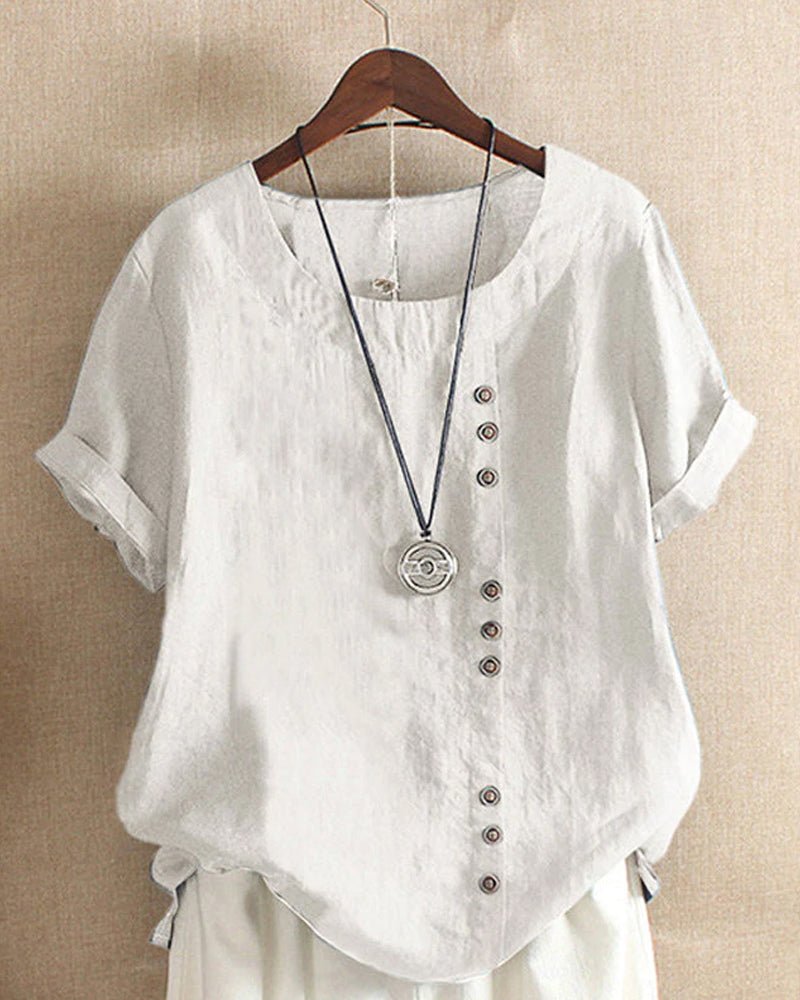 Asymmetric Button Linen Top | Relaxed Fit | Short Sleeve