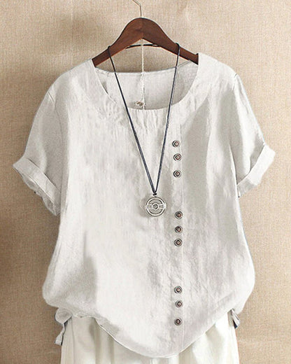 Asymmetric Button Linen Top | Relaxed Fit | Short Sleeve