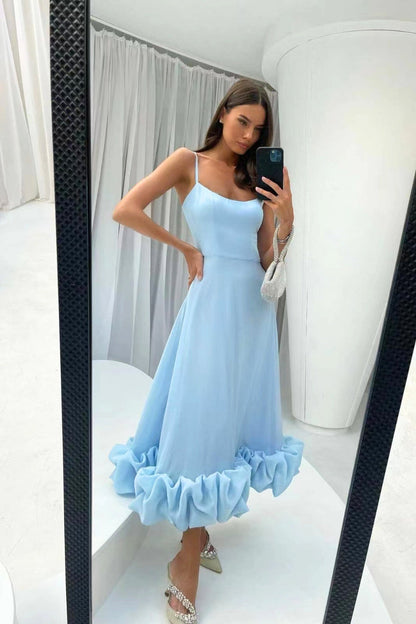 Ruffle-Hem Midi Dress | Spaghetti Straps & Fitted Bodice | Sky Blue Formal Look