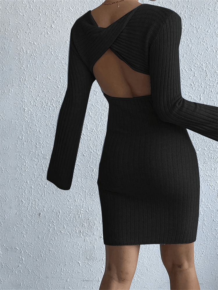 Ribbed Knit Mini Dress | Open Back Detail | Flared Sleeves | Elegant Stretch Fit