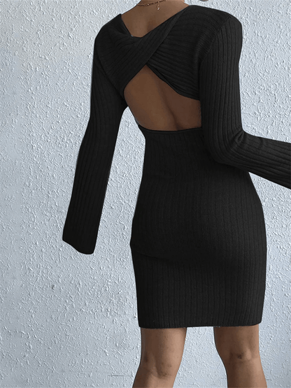 Ribbed Knit Mini Dress | Open Back Detail | Flared Sleeves | Elegant Stretch Fit