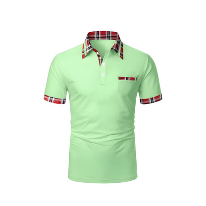 Men’s Polo Shirt with Plaid Trim | Short Sleeve Stretch Cotton | Smart Casual Summer Style