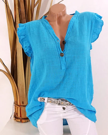 Textured Button-Front Blouse | Ruffle Sleeve Lightweight Top | Casual Relaxed Fit