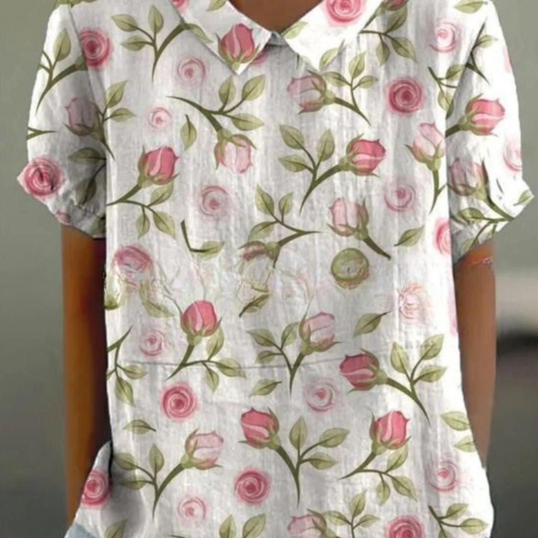 Floral Print Blouse with Peter Pan Collar | Lightweight Cotton Blend | Short Sleeve