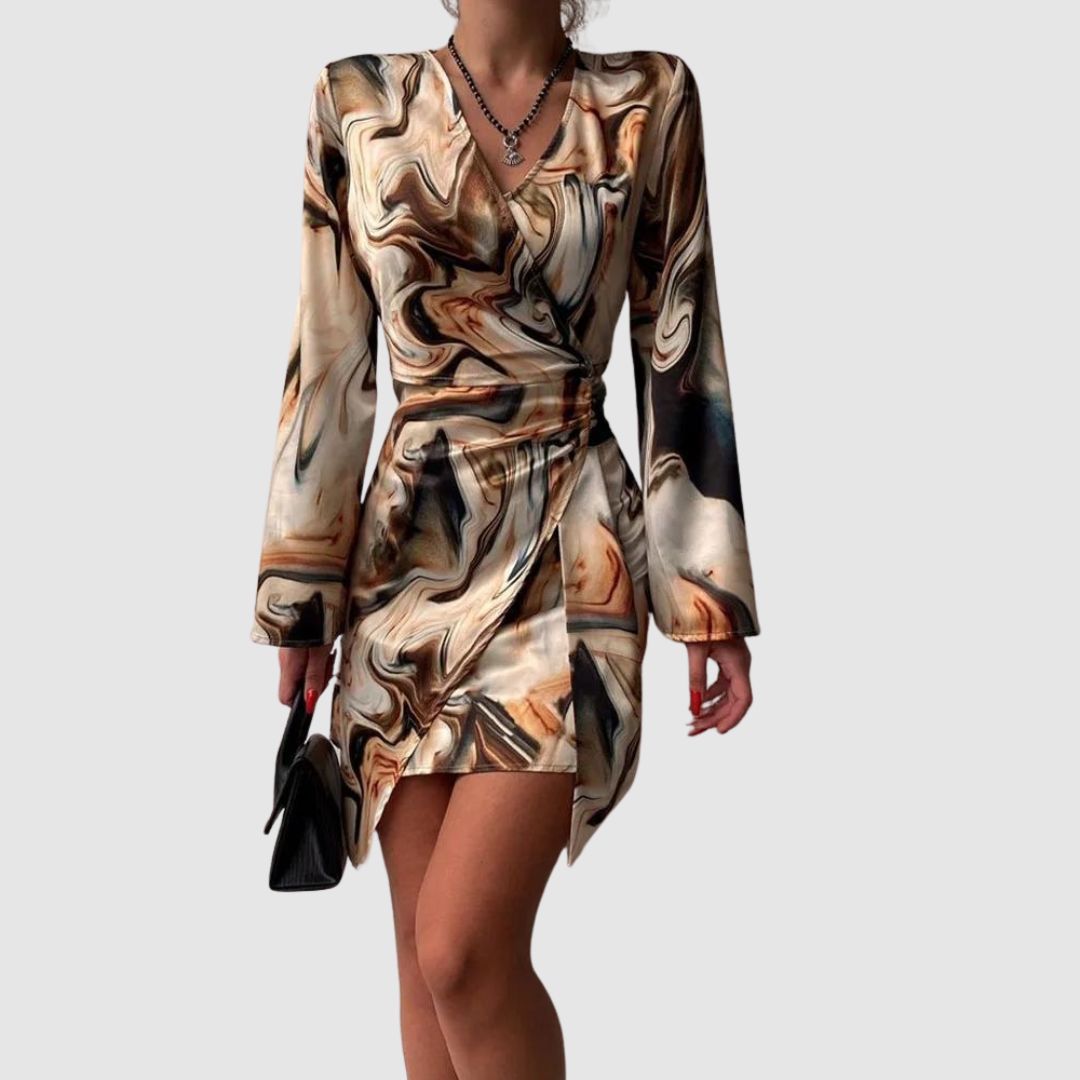 Satin Wrap Dress | Abstract Print with Long Sleeves & Side Tie | Elegant Evening Silhouette