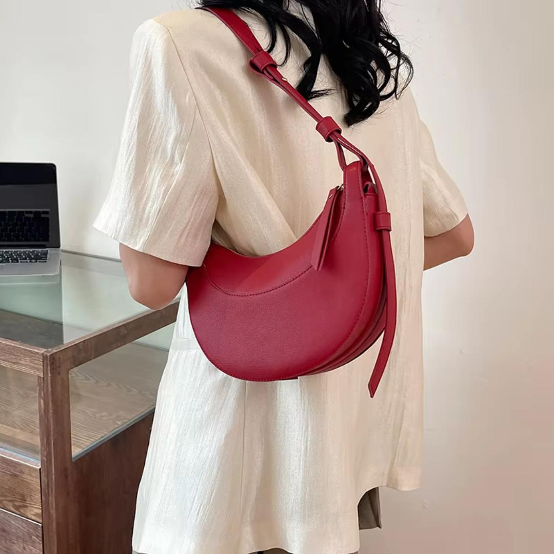 Crescent Shoulder Bag | Adjustable Strap & Zip Pocket | Faux Leather Grain Finish