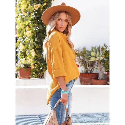 Textured Button-Up Shirt | Relaxed Fit with Chest Pocket | Lightweight Casual Blouse