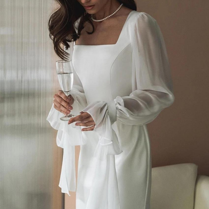 Square Neck Gown | Sheer Organza Sleeves & Sash Detail | White Formal Maxi Dress