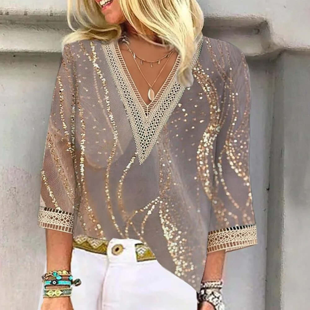V-Neck Glitter Print Blouse | Crochet Trim ¾ Sleeve Top | Boho Casual Wear Canada
