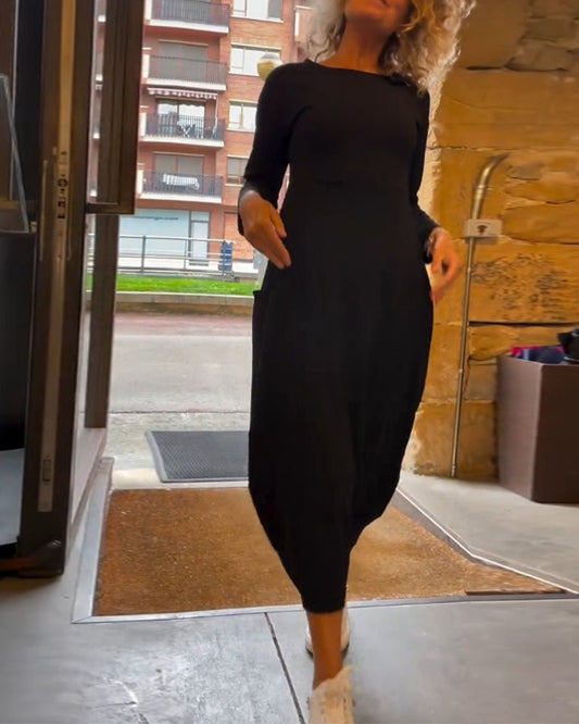 Minimal Long Sleeve Knit Dress | Soft Stretch Jersey | Relaxed Midi Fit