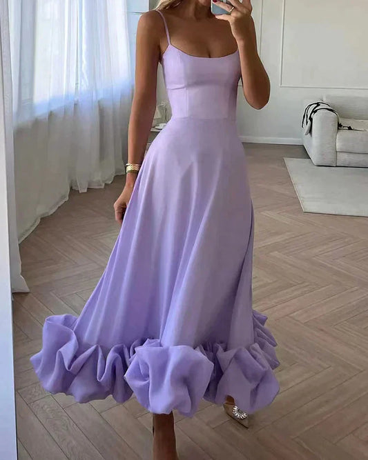 Women's Ruffle Hem Midi Dress | Spaghetti Strap Fit-and-Flare | Elegant Summer Occasion Dress