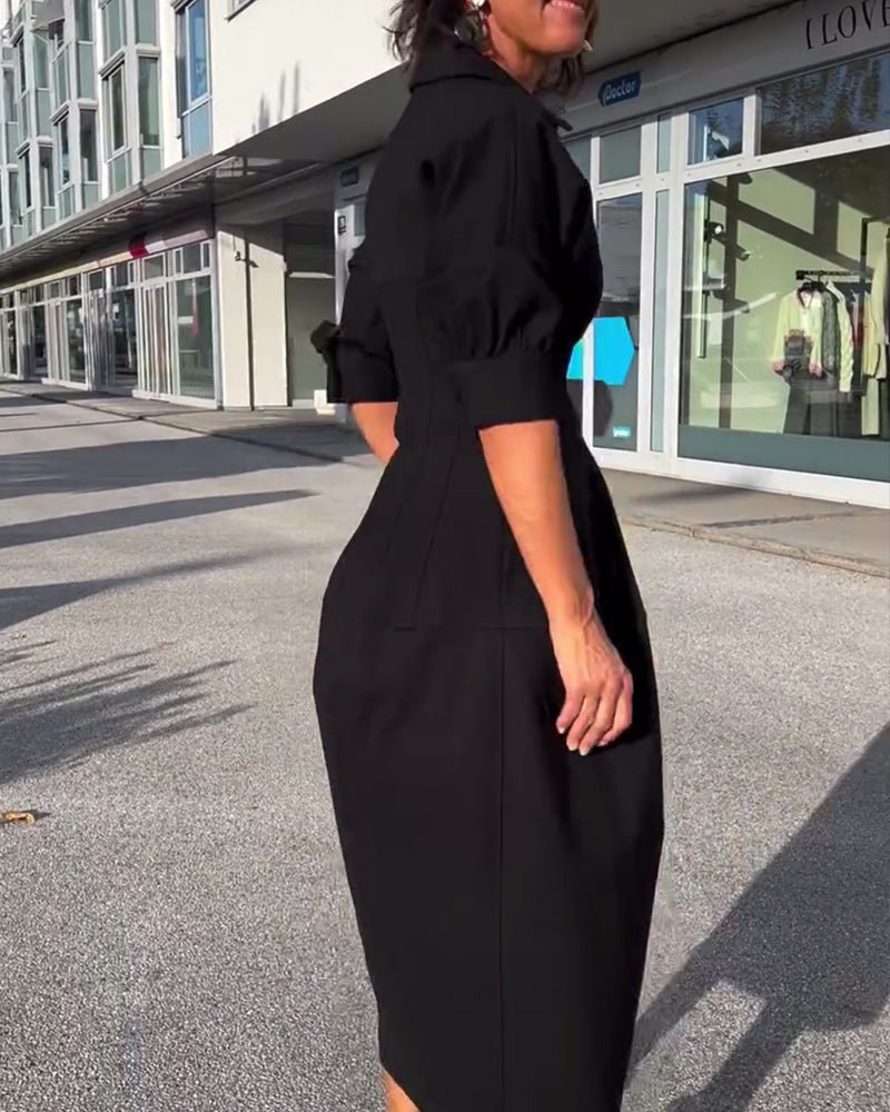 Collared Midi Dress | Relaxed Fit with Pockets and V-Neckline