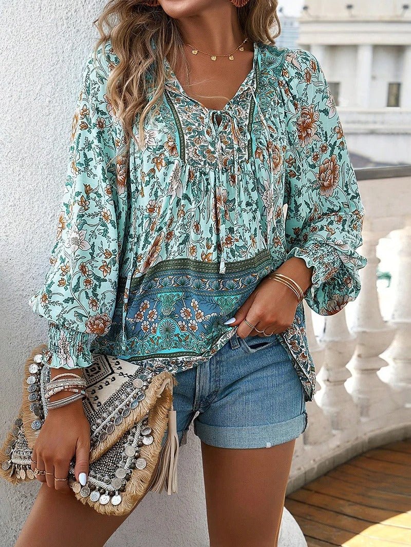 Boho Floral Peasant Blouse | Lightweight Rayon | Tie Neck Detail