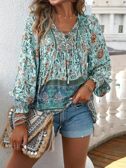 Boho Floral Peasant Blouse | Lightweight Rayon | Tie Neck Detail