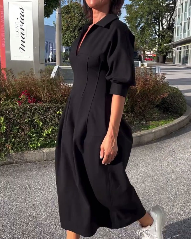 Collared Midi Dress | Relaxed Fit with Pockets and V-Neckline