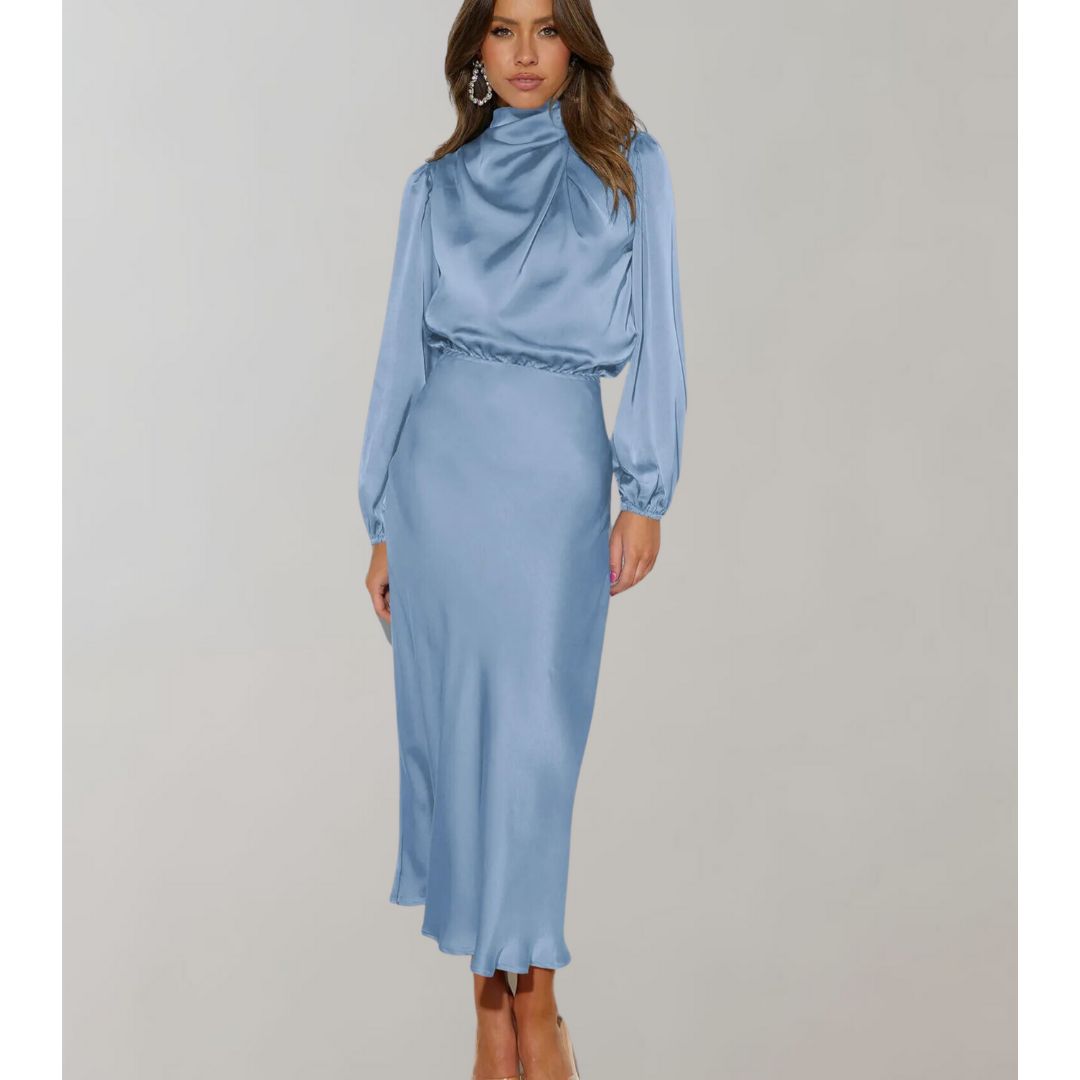 Satin Drape-Neck Midi Dress | Long Sleeve | Elegant Formal Silhouette