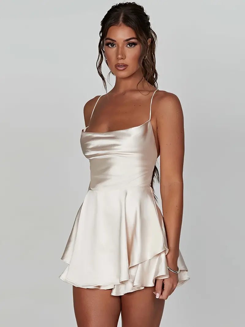 Satin Fit-and-Flare Mini Dress | Square Neckline | Elegant Party Look