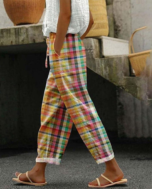 Relaxed Fit Plaid Linen Pants | Lightweight Drawstring Waist | Casual Tapered Leg