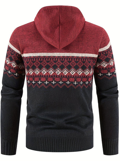 Men’s Zip-Front Knit Hoodie Jacket | Nordic Pattern | Casual Cold-Weather Layer