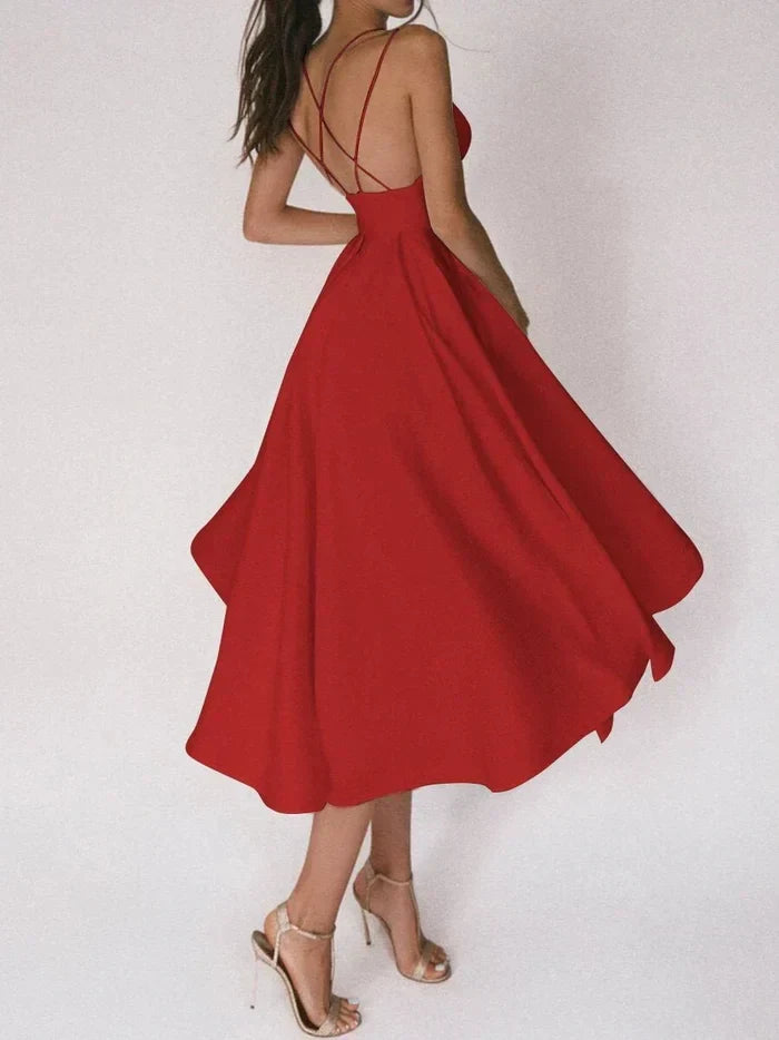 Plunge Neck A-Line Gown | Spaghetti Strap Maxi Dress | Elegant Bridal Silhouette