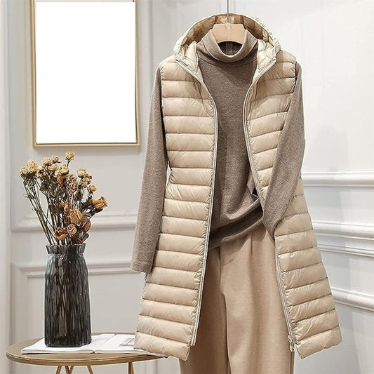 Long Hooded Puffer Vest | Lightweight Quilted Outerwear | Transitional Layer
