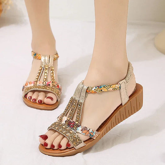 Women’s Rhinestone Wedge Sandals | Elastic Slingback Summer Shoes | Cushioned Comfort with Sparkle