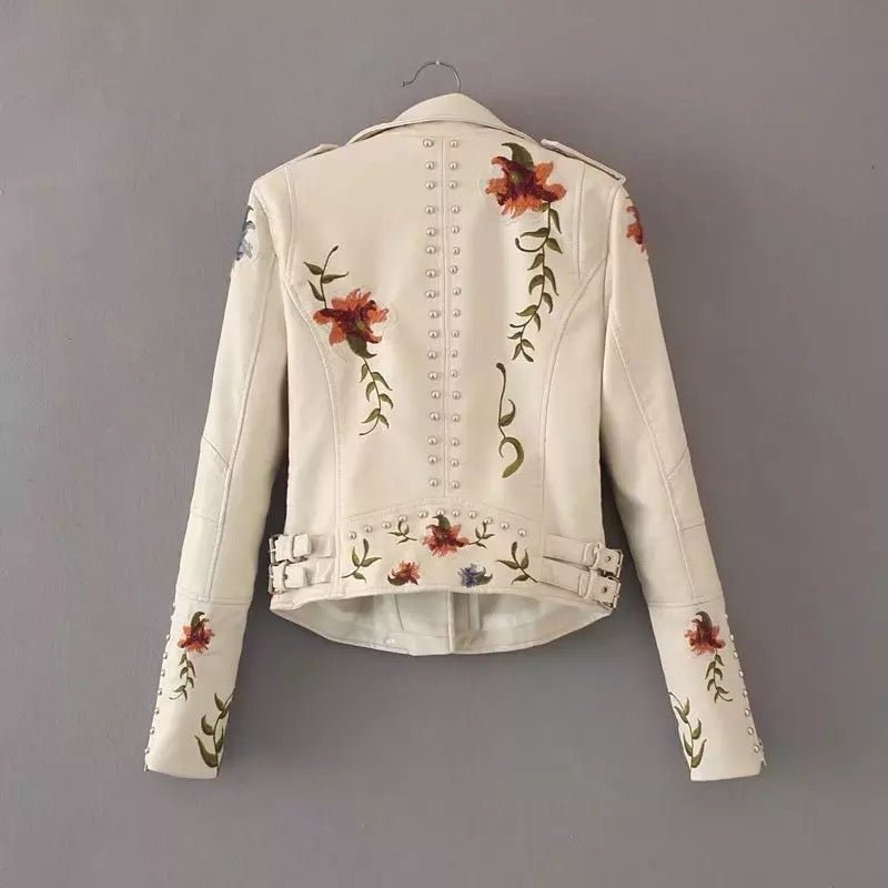 Floral Embroidered Faux Leather Jacket | Studded Details | Bold Moto Style | Versatile Outerwear