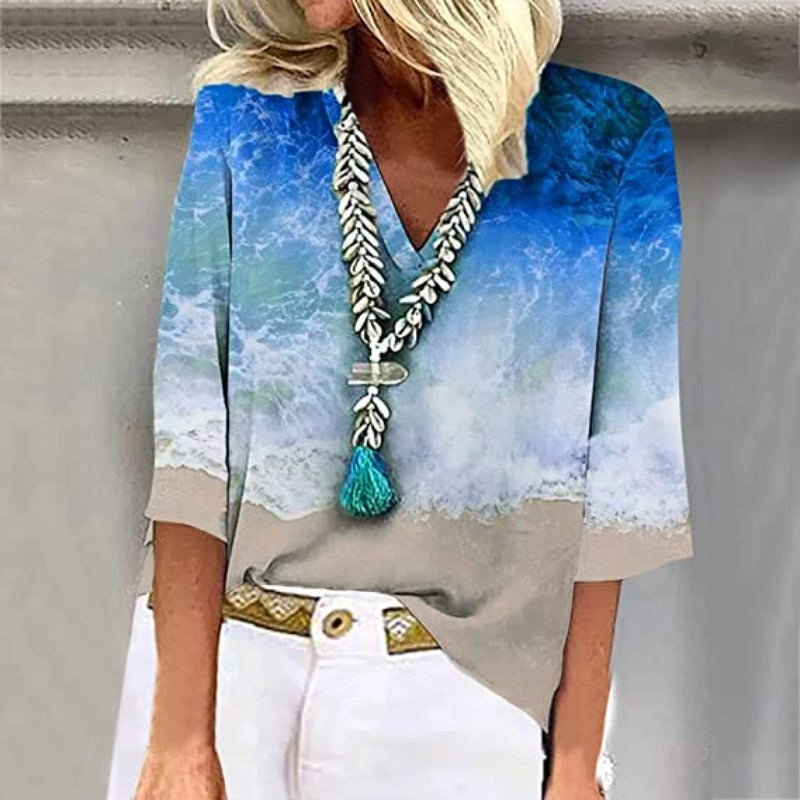 V-Neck Beach Print Blouse | 3/4 Sleeve Relaxed Fit | Lightweight Everyday Style