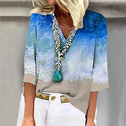 V-Neck Beach Print Blouse | 3/4 Sleeve Relaxed Fit | Lightweight Everyday Style