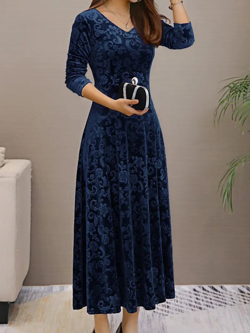 Velvet A-Line Evening Dress | Long Sleeve | Embossed Pattern