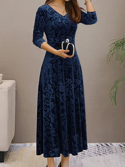 Velvet A-Line Evening Dress | Long Sleeve | Embossed Pattern