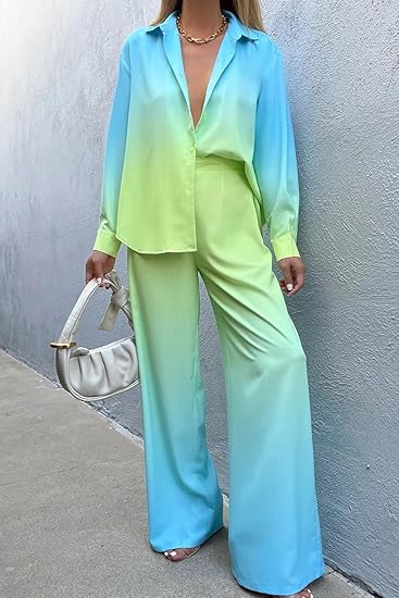Women's Ombre Satin Pants Set | Wide-Leg Trousers with Button-Up Blouse | Gradient Co-ord for Dressy Looks