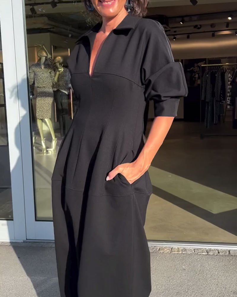 Collared Midi Dress | Relaxed Fit with Pockets and V-Neckline