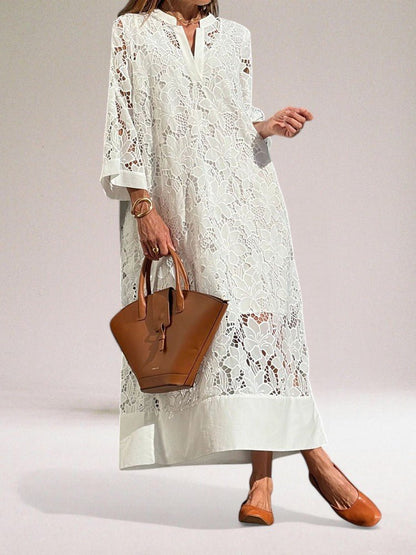 Embroidered Lace Maxi Dress | V-Neckline | Relaxed A-Line Silhouette