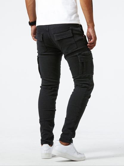 Men’s Denim Cargo Jeans | Utility Streetwear Pants | Tapered Fit