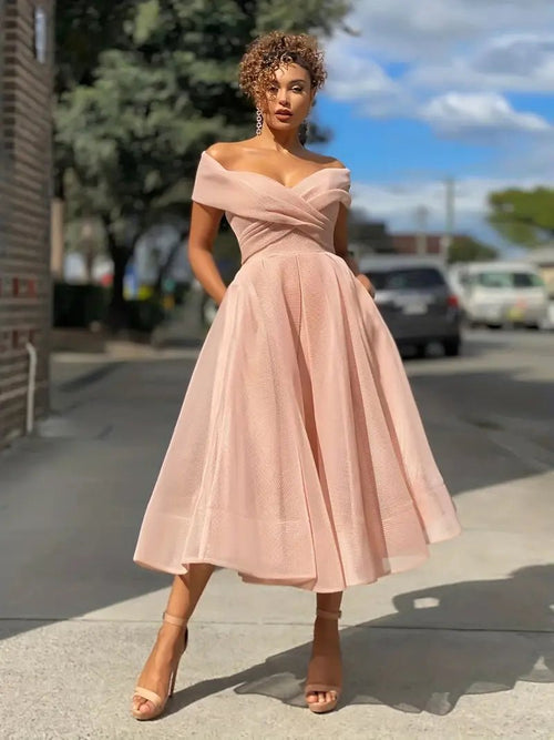Off-Shoulder Midi Party Dress | Fit-and-Flare | Pleated Skirt