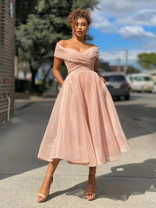 Off-Shoulder Midi Party Dress | Fit-and-Flare | Pleated Skirt